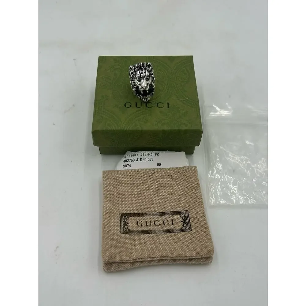 Unisex Gucci Lionhead sterling silver motif ring size 4 black crystal made Italy